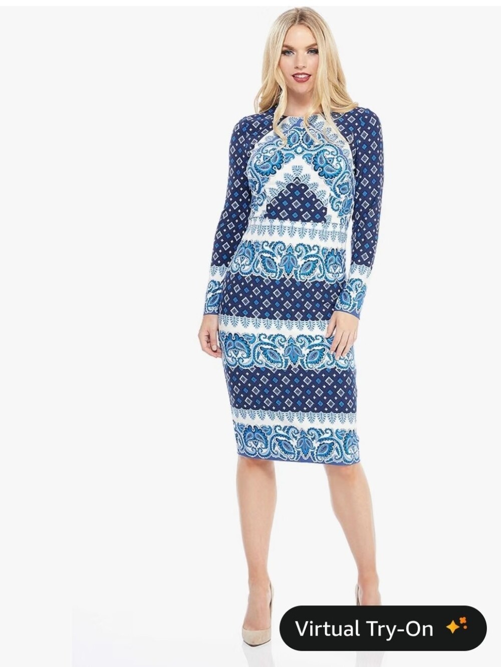 Maggy London Blue Printed Long-Sleeve Midi Dress - Size 14